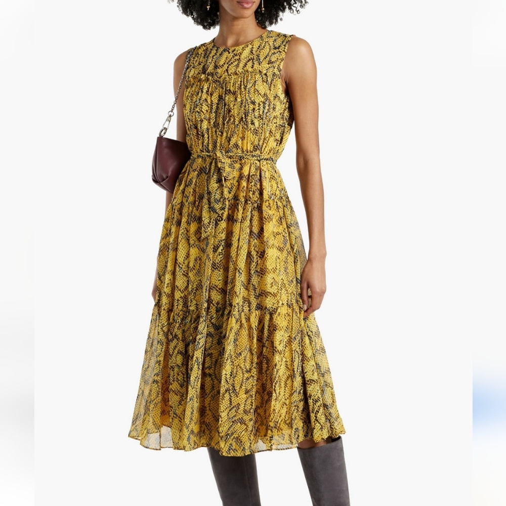 💛🖤Diane Von Furstenberg Yellow Snake-Print Sleeveless Midi Dress